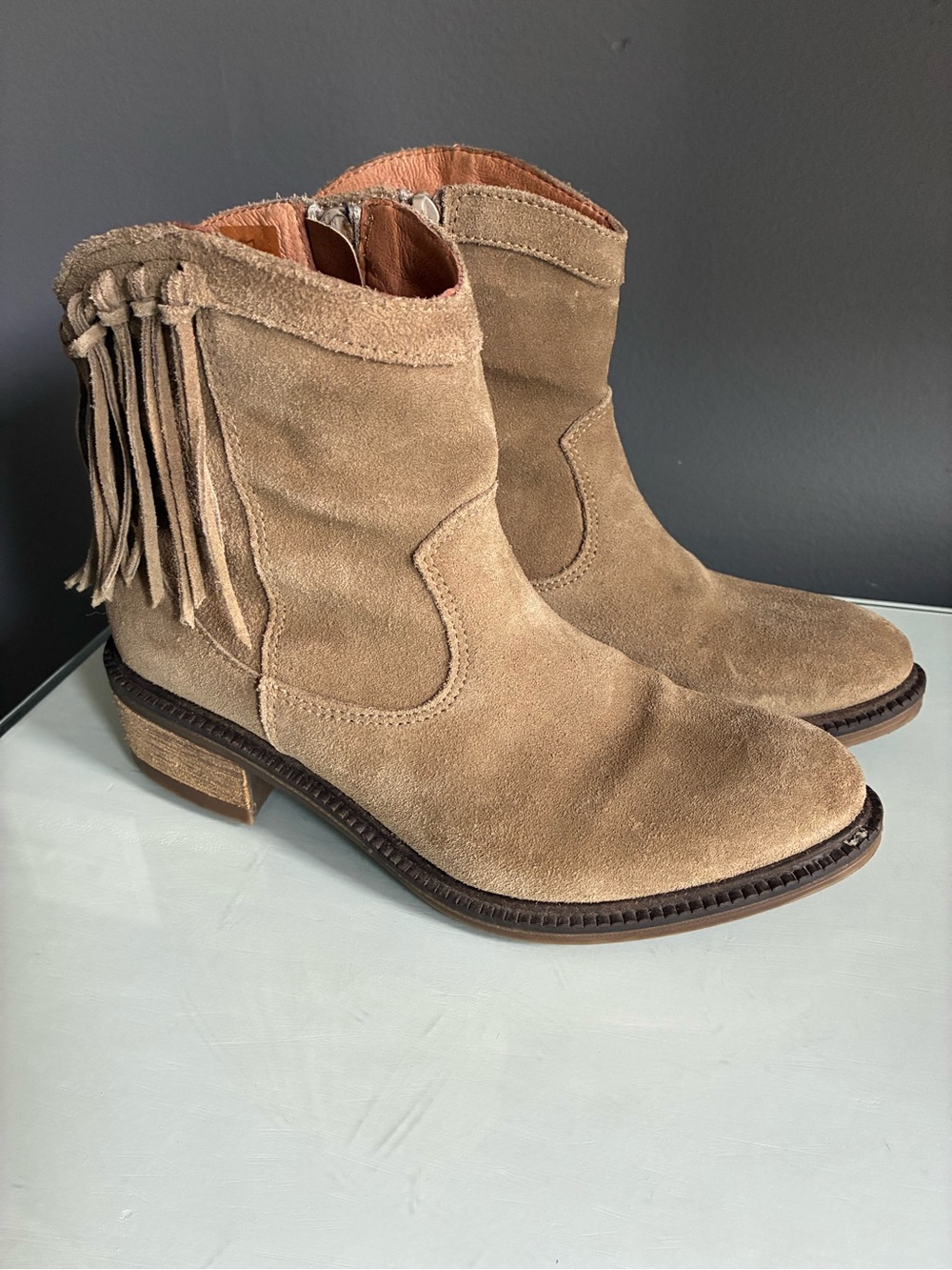 Fringe Suede Ankle Boots in Taupe by Eric Michael